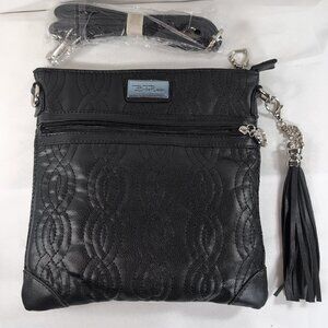 Bella Russo Black Embroidered Crossbody Bag Faux Leather Silver Hardware Fringe